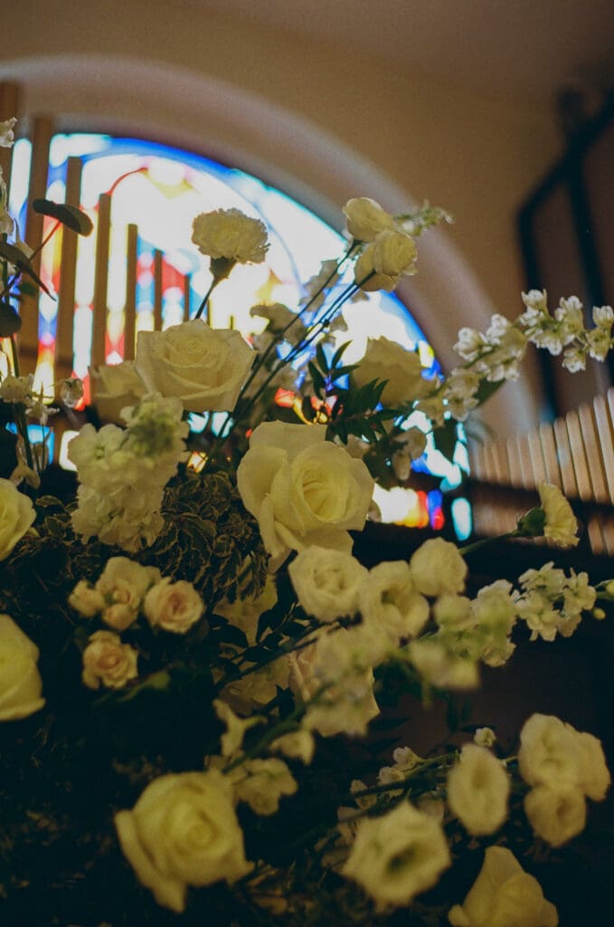 Ceremony at restored church wedding venue in Elmira Ontario — Two Cross Commons film photography